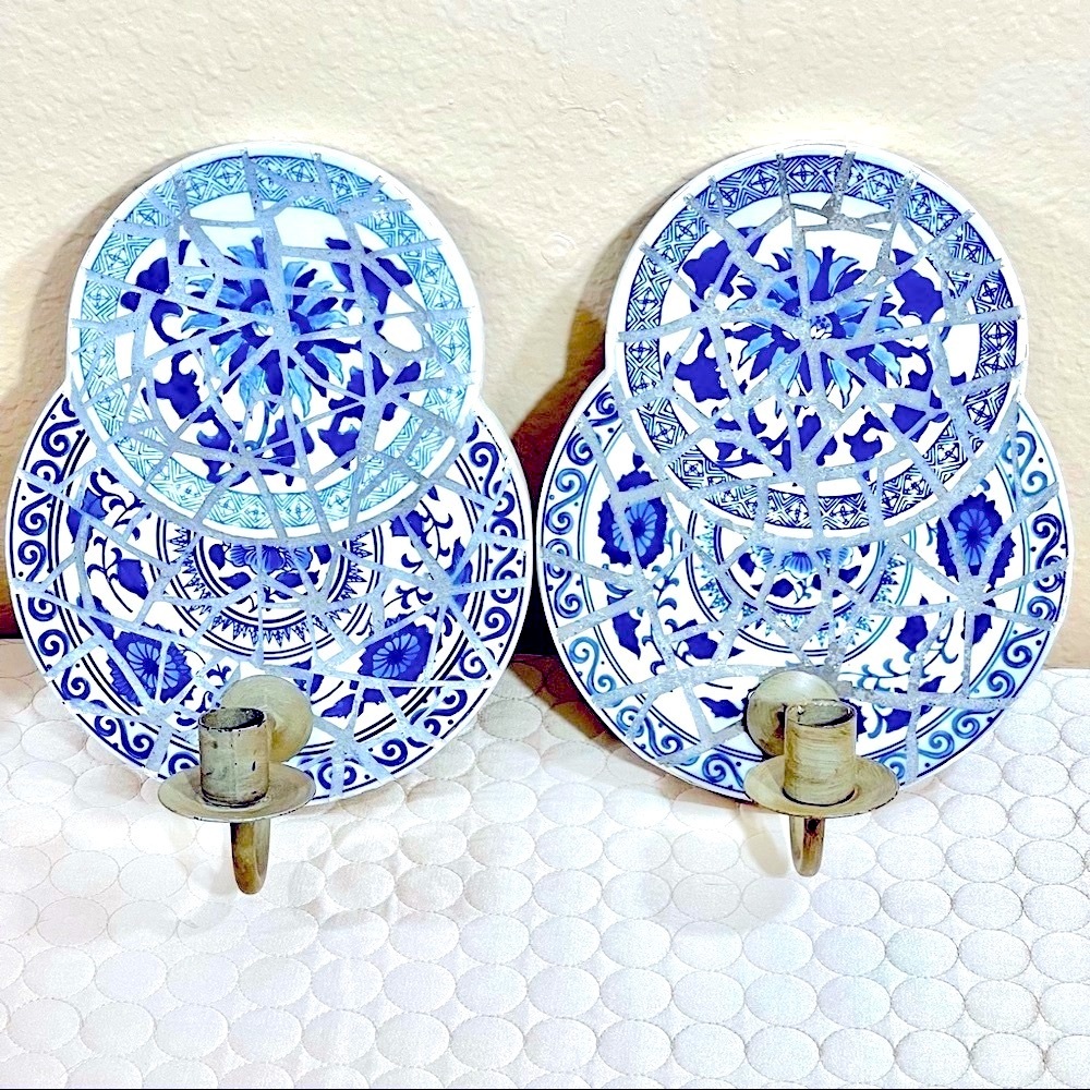🌱 2 Large Hand-Painted Porcelain Mosaic Wall Sconces